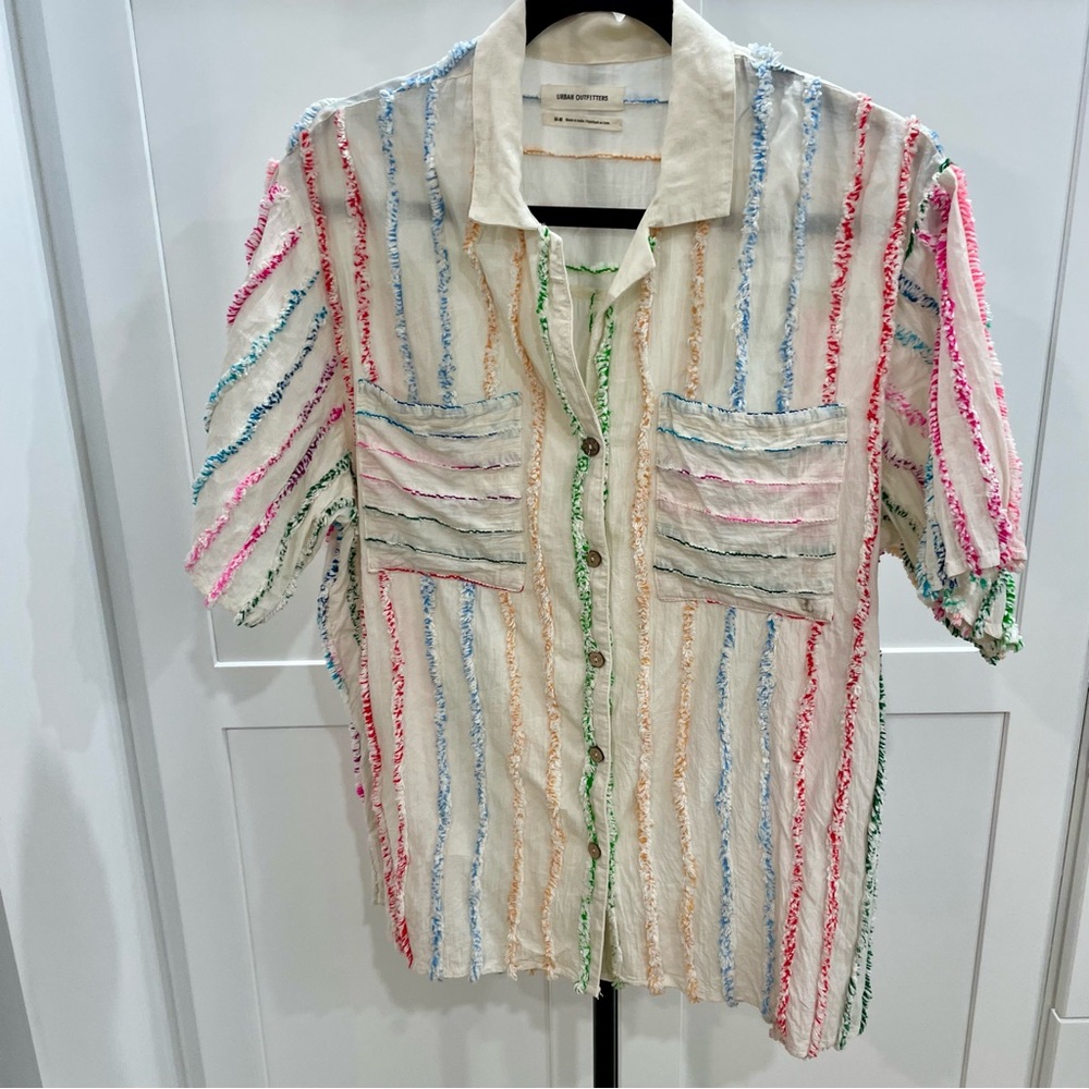 Urban Outfitters Cotton Ivory Button Down Colorful Fringe Shirt Size Large EUC